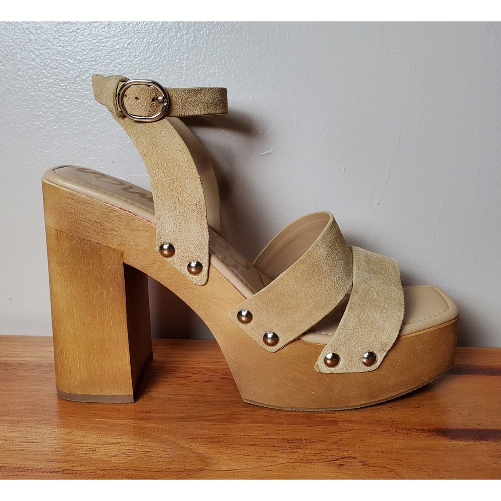 Sam Edelman Rosalind Suede Leather Beige Chunky Platform Sandal‎ Square Toe Clog